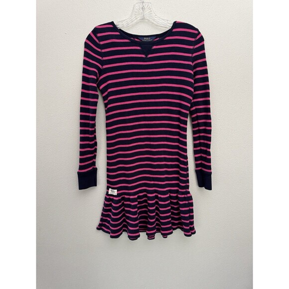 Girls Polo Ralph Lauren Waffle Dress Pink Navy Large 12-14 - Picture 1 of 11